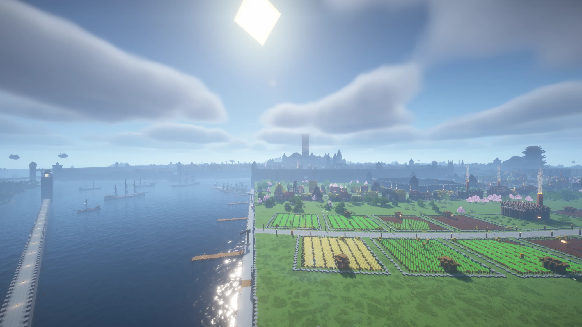 A Crown & Cog harbour city with ships, fields and airships